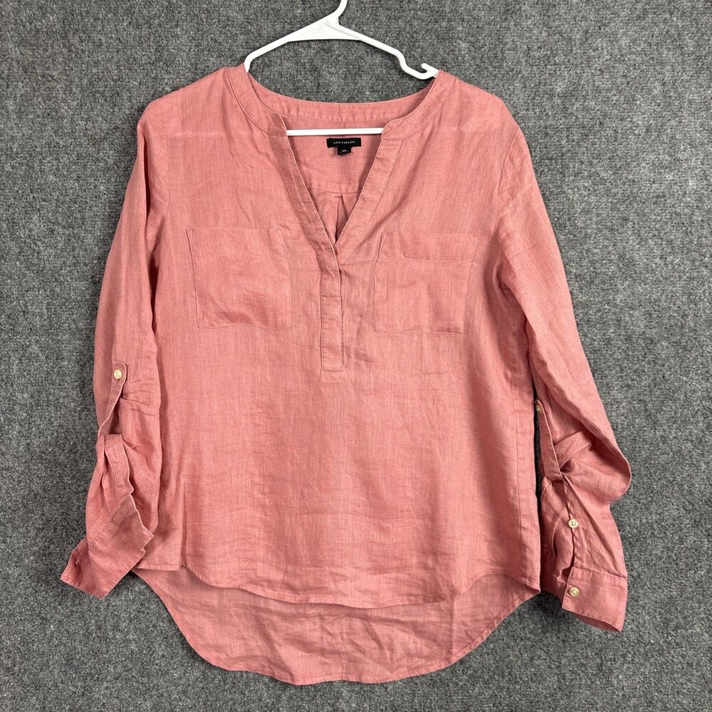 Ann Taylor Top Blouse  Womens XS Pink Linen Preppy Natural Nature